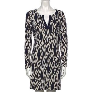 Diane von Furstenberg Navy White Diamond Print Tunic Dress Long Sleeve Size 10 E